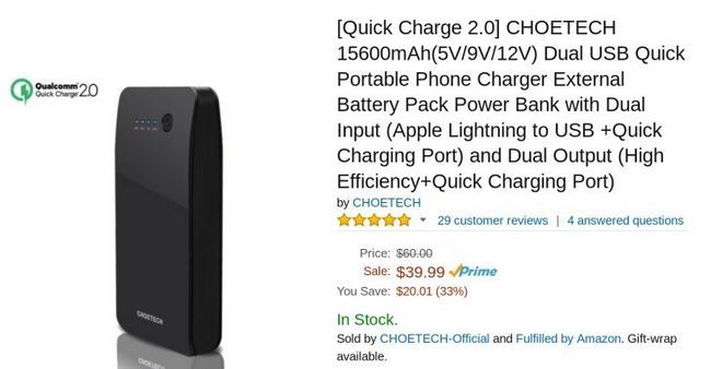 Fotografía - [Offre Alerte] Prenez 8 $ Off Choetech 15.6k mAh Charge rapide 2.0 Batterie externe Avec Amazon Code Promo